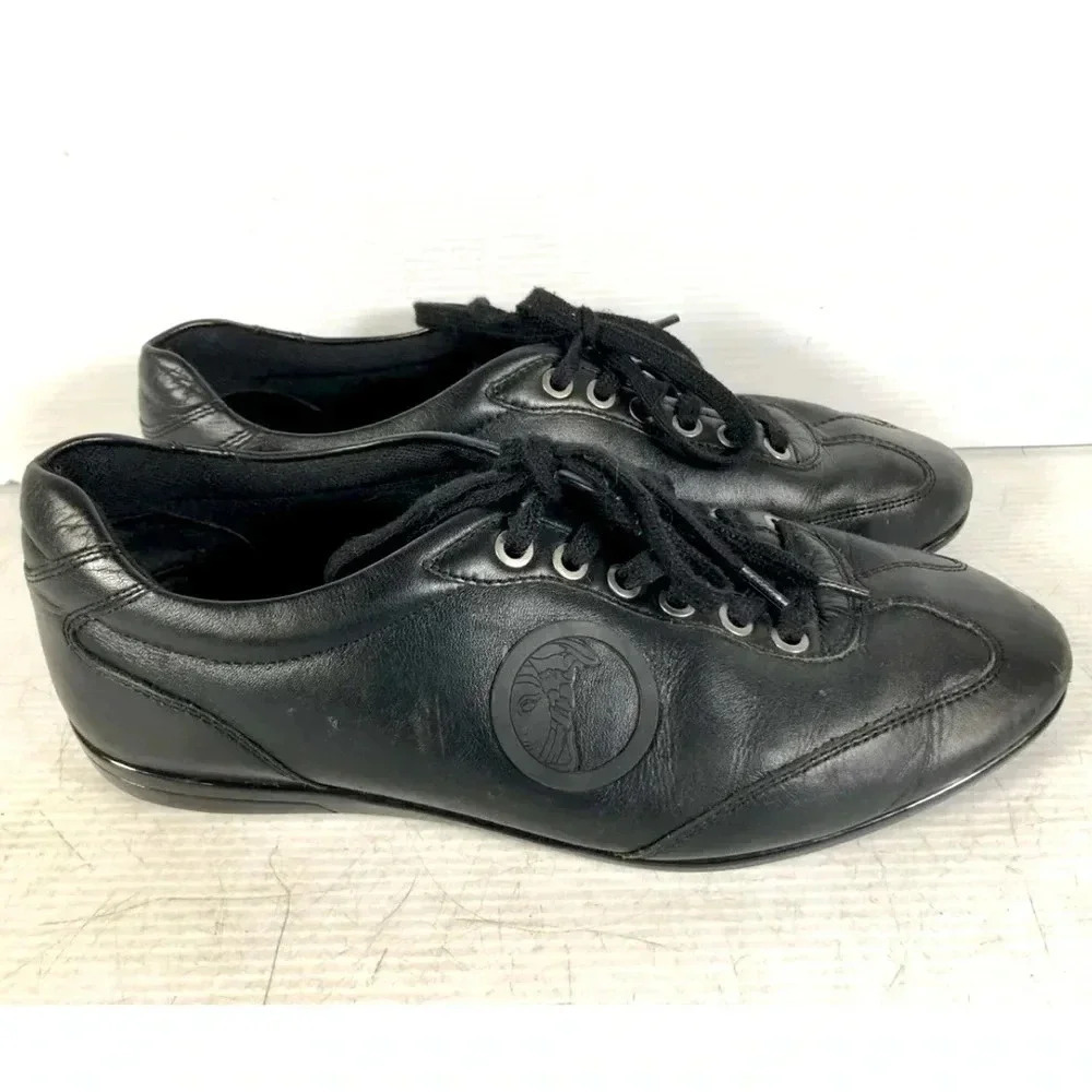 Versace Collection Mens Black Leather Lace Up Casual Sneaker Shoes Size 41